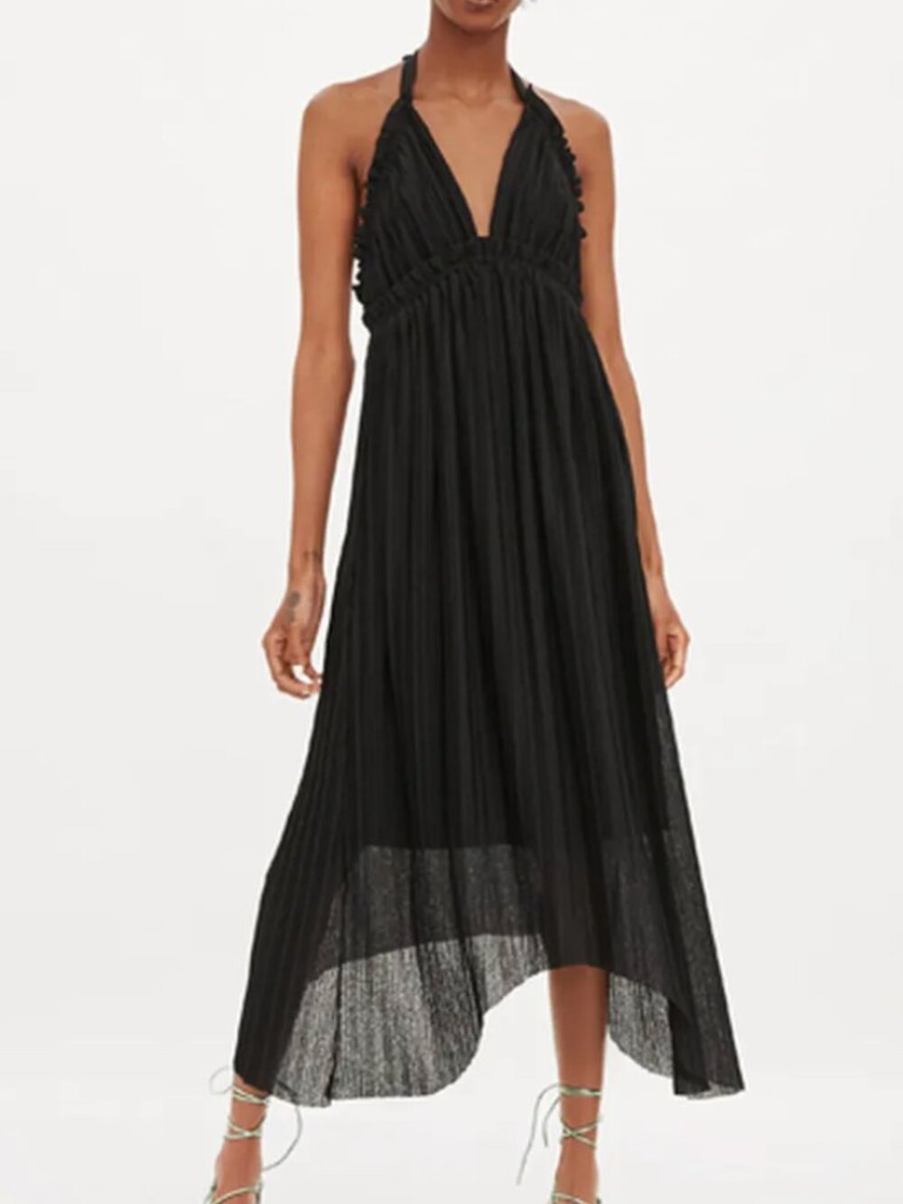 Zara Black Halter Pleated Maxi Dress With Asymmetrical Hem Size Small